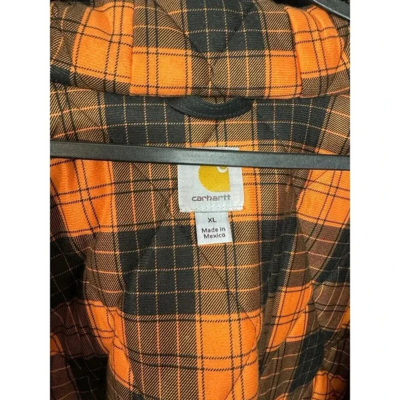 Carhartt Hooded Duck Jacket XL Black Huntsman Quilted Lined Blaze Orange Plaid - Picture 4 of 9